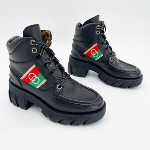 Gucci Quebec Romance Logo Web Leather Lug Sole Lace Up Combat Booties EU 37